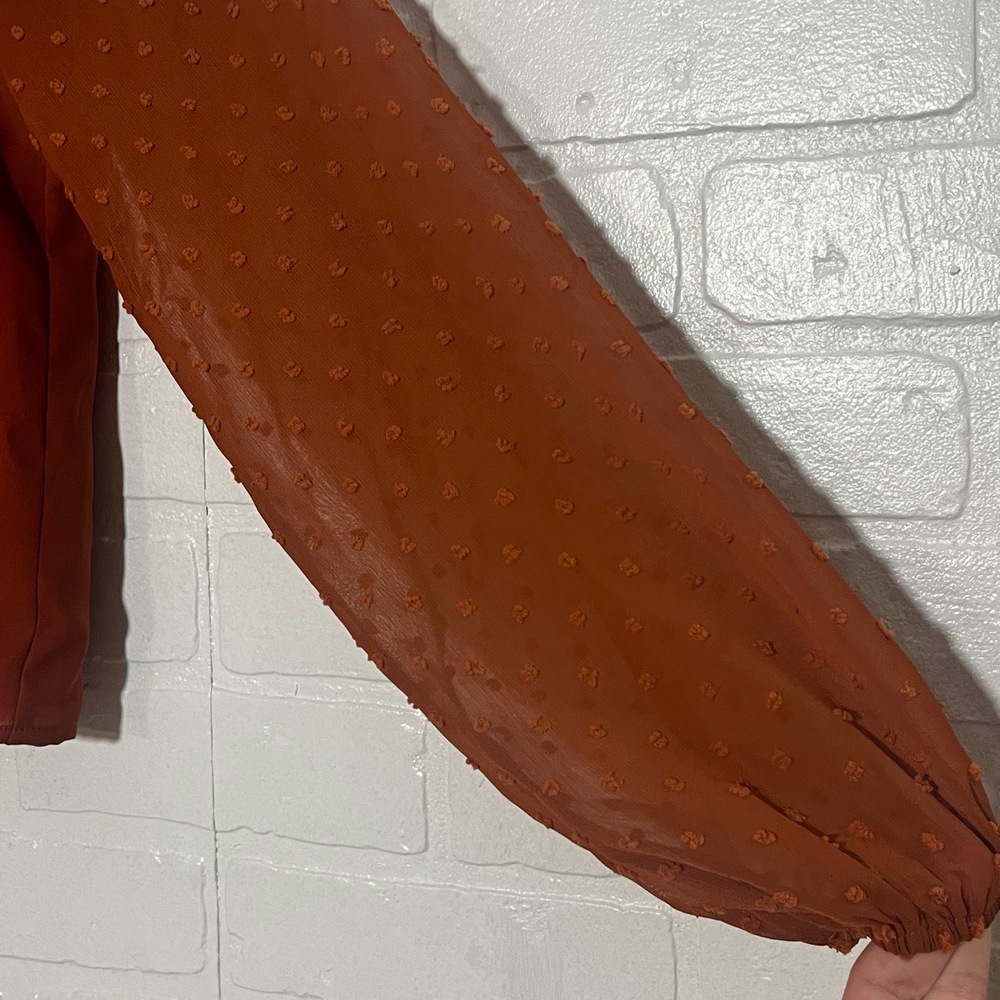 Pink Lily Womens Top Burnt Orange Sheer Balloon Sleeve Fall Long Sleeve Small - Picture 3 of 8